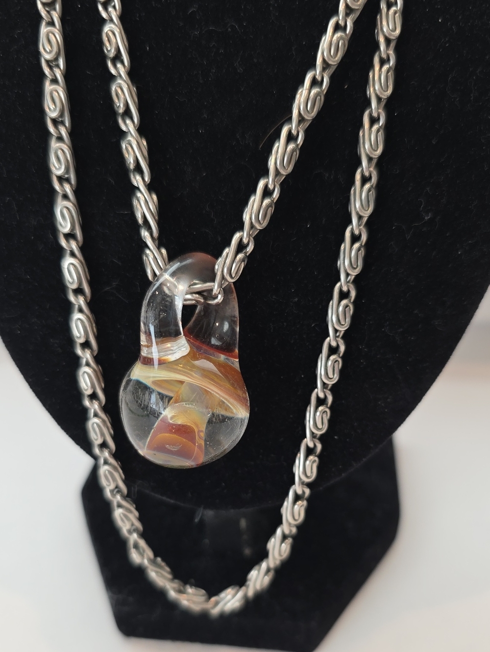 Glass Muchroom Pendant On 36" Silvertone Chain